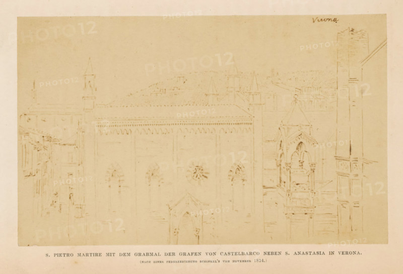 Photo reproduction of a drawing depicting an exterior of the Chiesa di San Pietro Martire in Verona, S. Pietro Schinkel mir dem Grabmal der Grafen von Castelbarco neben S. Anastasia in Verona, photograph, reproduction, page, inscription: '(nach einer, 1824.)', after drawing by Karl Friedrich Schinkel, Verona, c. 1858 - in or before 1863, photographer, paper, albumen print, height 96 mm x width 157 mm, church (exterior), Chiesa di San Pietro Martire, A faded sepia drawing of a large Gothic building facade with pointed arches and decorative detailing, showing arched windows with tracery and a circular rose window, flanked by towers and ornate sculptural elements; additional building outlines and rooftops appear in the background, and a vertical column of architectural details runs along the right edge of the image, all rendered with light, fine pencil lines on a pale rectangular sheet mounted on a wider pale background.
