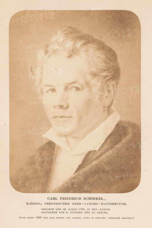 Carl Friedrich Schinkel, Photographic reproduction of a painting, depicting a portrait of Carl Friedrich Schinkel, photograph, reproduction, page, inscription: 'Koenigl., zu Berlin.', after painting by Carl Schmid, c. 1858 - in or before 1863, photographer, paper, salted paper print, height 124 mm x width 89 mm, Photo for page 139., Person, Karl Friedrich Schinkel, portrait, self-portrait of architect, A sepia-toned portrait of a light-haired man shown from the chest upward, with softly curled hair, a high white collar, and a dark coat draped over his shoulders, set against a plain background and framed with rounded corners.