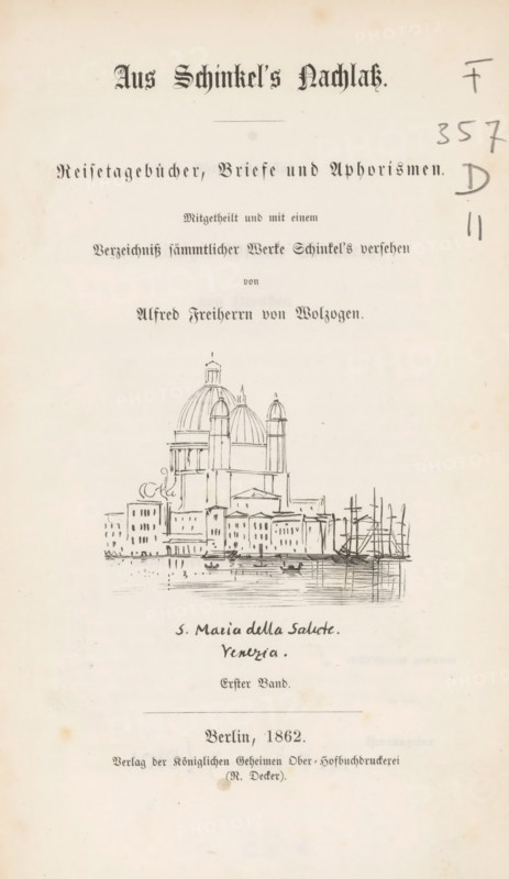 Aus Schinkel's Nachlass, book, writer (clerical worker): Karl Friedrich Schinkel, publisher: Verlag der könglichen Geheimen Ober-Hofbuchdruckerei, Berlin, compiler (person in literature): Karl August Alfred Freiherr von Wolzogen, 1862 - 1863, Karl Friedrich Schinkel, Verlag der könglichen Geheimen Ober-Hofbuchdruckerei, Karl August Alfred Freiherr von Wolzogen, writer (clerical worker), publisher, compiler (person in literature), textile materials, pasteboard, linen (material), paper, printing, albumen print, salted paper print, height 221 mm x width 140 mm x thickness 41 mm, A cream-colored page with ornate printed headings at the top, a hand-drawn sketch of a domed waterfront building and adjacent structures with small boats and masts in the water below, and a few areas of pencil markings along the right margin; the page shows faint age spots and light discoloration.