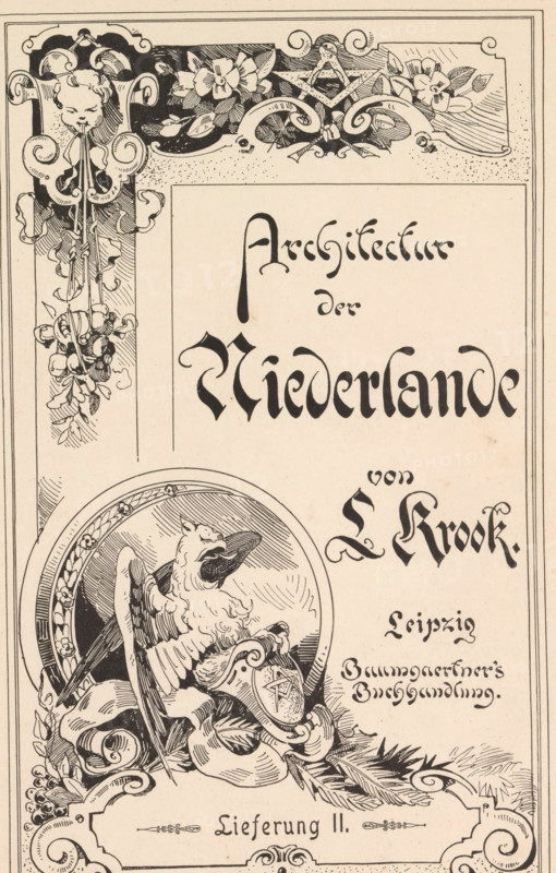 Poem to Ihre Majestät Marie Sophie, Queen of both Sicilies born. Herzogin in Bayern, book, bookplate: 'Friedrich Treyherr Gross von Trockau', writer (clerical worker): various makers, compiler (person in literature): Johann Baptist Vogl, compiler (person in literature): Friedrich Wolf, 1861, writer (clerical worker), compiler (person in literature), pasteboard, paper, printing, albumen print, height 145 mm x width 114 mm x thickness 15 mm, A rectangular cream-colored page with an ornate black ink border and decorative corner flourishes, containing intricate line-drawn ornamentation including floral swags and scrollwork along the top and left edges, a stylized cherubic face at the top left with leafy garlands hanging below it, and a circular medallion toward the lower left featuring a detailed bird with spread wings perched on drapery and holding a shield, surrounded by additional ribbons, leaves, and curved decorative elements.