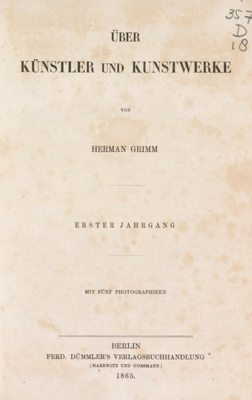 Über Künstler und Kunstwerke, book, inscription: 'In Ferd. Dümmler's, Todtenmaske Shakespeare's.', writer (clerical worker): Herman Grimm, publisher: Ferd. Dümmler's Verlags-Buchhandlung, Berlin, 1865, Herman Grimm, Ferd. Dümmler's Verlags-Buchhandlung, writer (clerical worker), textile materials, pasteboard, linen (material), paper, printing, albumen print, fantasy marbled paper, height 229 mm x width 157 mm x thickness 12 mm, A vertically oriented aged paper page with a mottled beige and brown background and several lines of dark printed text arranged down the center, including a large bold heading near the top, smaller centered lines of type in the middle, thin horizontal divider lines, and a block of text near the lower portion; there are pencil marks in the upper right corner and faint blemishes and spots scattered across the surface.