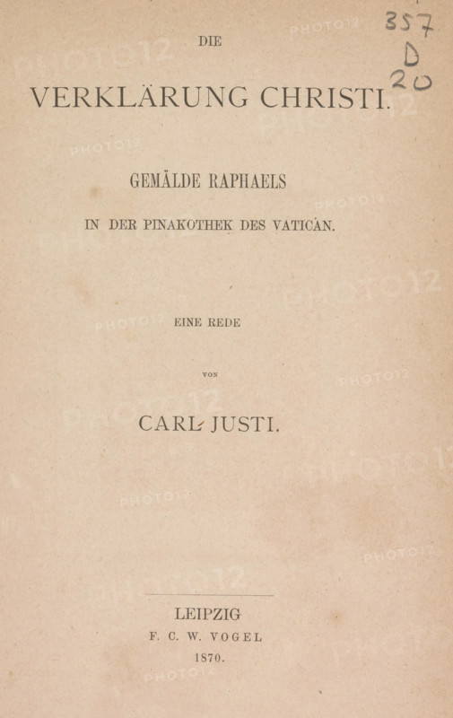 Die Verklärung Christi, book, writer (clerical worker): Carl Justi, publisher: Friedrich Christian Wilhelm Vogel, Leipzig, 1870, writer (clerical worker), Saxony, textile materials, pasteboard, linen (material), paper, printing, albumen print, veined marbled paper, height 222 mm x width 140 mm x thickness 6 mm, A single aged beige page with centered lines of dark serif text arranged in a vertical layout, showing larger bold heading text near the top, smaller headings and lines of text spaced down the page, a short horizontal rule toward the lower middle, and a small handwritten pencil mark in the upper right corner; the paper shows subtle mottling and faint spots and has a slightly darker edge along the sides.