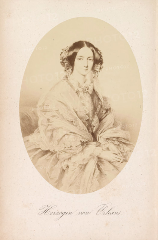 Daughter of Orleans, Photographic reproduction of a painting, depicting a portrait of Helene Luise Elisabeth zu Mecklenburg-Schwerin, photograph, reproduction, page, after painting by anonymous, c. 1857 - in or before 1862, photographer, paper, albumen print, height 122 mm x width 86 mm, Photo on frontispiece., Person, Helene of Mecklenburg-Schwerin, adult woman, A sepia-toned oval portrait of a seated woman wearing a voluminous dress with layered lace and ruffles, her dark hair parted in the middle and adorned with floral decorations at the sides, her hands folded gently in her lap, and a delicate lace collar and bow at her neckline.