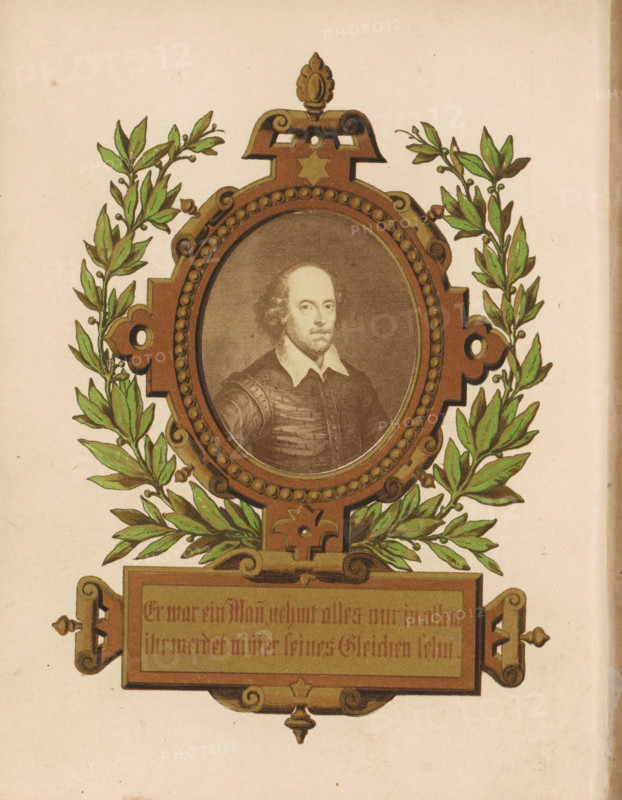 Photo reproduction of a portrait of William Shakespeare, photograph, reproduction, page, inscription: 'Er war ein Man nehmt alles nur in allem ihr werket nimmer seines Bleichen sehn', after print by anonymous, c. 1854 - in or before 1864, photographer, after print by, paper, albumen print, albumendruk, height 50 mm x width 41 mm, Photo opposite title page., Person, William Shakespeare, portrait of a writer, An ornate oval portrait set within a decorative frame is centered on the page, the frame rendered with carved scrollwork and bead-like detailing and topped by a small finial; inside the oval is a sepia-toned likeness of a man wearing a high-collared shirt and a dark garment with visible texture, his face pale against a darker background and his hair curly at the sides. Green laurel-like branches with leaves and small berries flank the framed portrait on both sides, their stems and foliage woven into the frame. Below the oval, a rectangular panel with decorative borders extends from ...