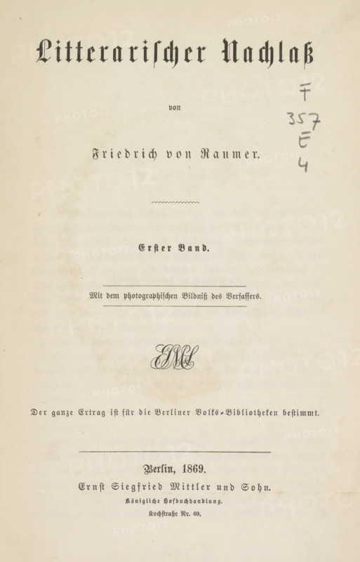 Portrait of Friedrich Ludwig Georg von Raumer, photograph, page, c. 1859 - in or before 1869, photographer, paper, albumen print, height 79 mm x width 59 mm, Photo opposite title page., Person, Friedrich von Raumer, portrait of a writer, A faded cream page with dark ornate printed lines and decorative flourishes centered vertically, featuring a large ornate heading across the top, several smaller centered headings and a decorative wavy rule, a handwritten vertical column in pencil along the right margin, a stylized interlaced monogram near the middle, thin horizontal rules, and scattered light foxing and age spots across the paper.