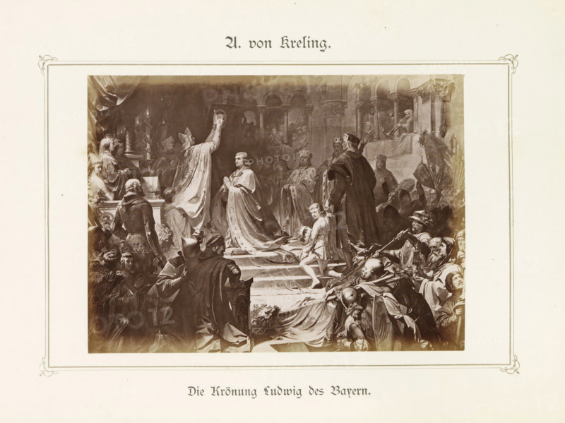 Photo reproduction of a painting depicting the coronation of Emperor Ludwig the Bavarian, Die Krönung Ludwig des Bayern, photograph, reproduction, page, after painting by August von Kreling, c. 1875 - c. 1880, photographer, paper, albumen print, height 96 mm x width 131 mm, Photo after page 48., Person, Ludwig the Bavarian (Holy Roman Emperor), emperor, coronation of a ruler, A large rectangular sepia illustration centered on a cream page shows a ceremonial scene with many figures on a stepped platform and in surrounding space; a robed figure raises an object above a kneeling central figure who wears a long decorated cloak and holds hands together, while attendants, nobles in ornate clothing and helmets, and seated musicians occupy the sides and background beneath an arched architectural setting with columns; the foreground includes people in varied poses, some reclining and some turned toward the central figures, with drapery, banners, armor, and floral elements visible around the sce...