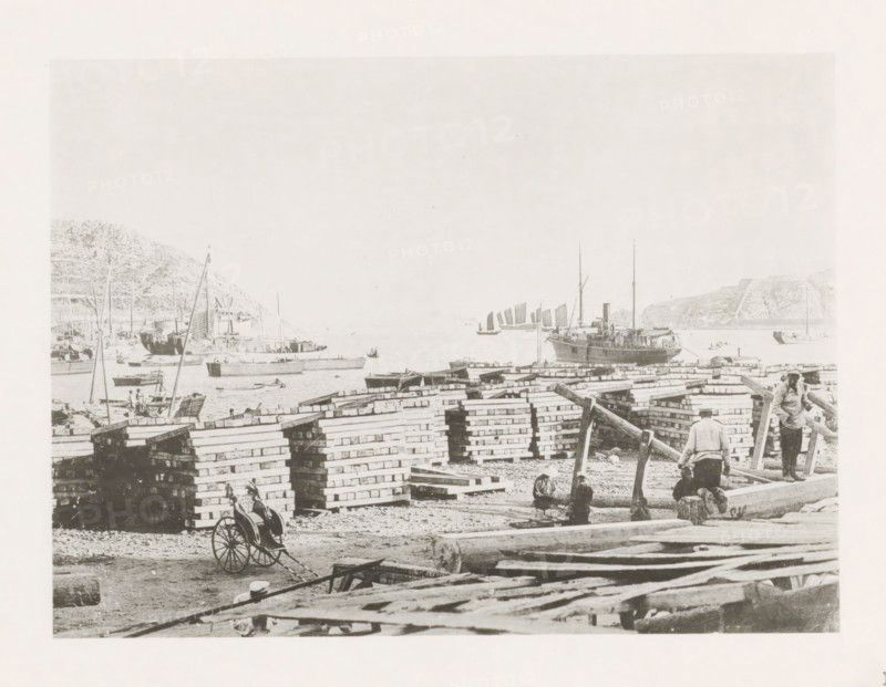 Quay in Port Arthur, with a view of the bay, page, photomechanical print, number: '16', photographer: AN Ljupova, Port Arthur, cliché maker: anonymous, 1898 - 1899, Manchuria, paper, collotype, photoprint, height 150 mm x width 203 mm, gulf, bay, pier, quay, wharf, rickshaw, A waterfront scene with stacks of rectangular wooden crates arranged in rows across the shore, long logs and planks scattered in the foreground, and a handcart with large spoked wheels near the crates; small groups of people are standing, sitting, and working among the lumber, some on a large log and others near the waterline; several small boats and larger sailing vessels with tall masts are moored or afloat in the bay, and a steamship is anchored closer to the right; hills rise on both sides of the bay in the background.