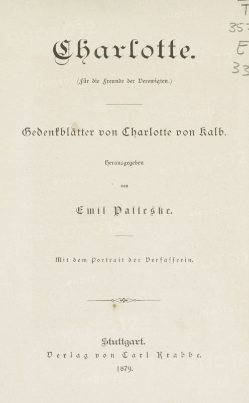 Charlotte, book, writer (clerical worker): Emil Palleske, publisher: Verlag von Carl Krabbe, Stuttgart, 1879, writer (clerical worker), Baden-Württemberg, pasteboard, biological material, leather, paper, printing, albumen print, height 223 mm x width 158 mm x thickness 21 mm, The image shows a vertical page with ornate blackletter headings and smaller serif text printed on a cream-colored background, including a large decorative title near the top, a thin horizontal rule, centered lines of varying type sizes, a small decorative flourish above a spot, and faint pencil marks along the right edge.