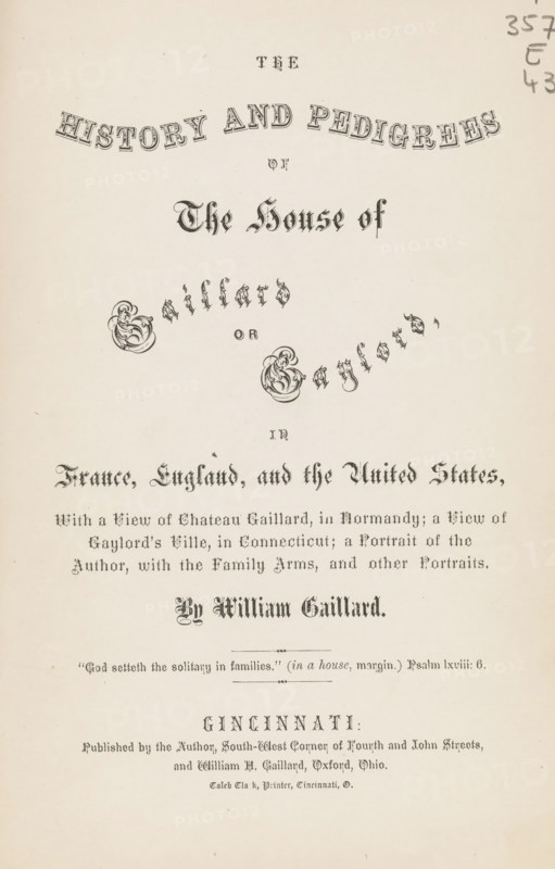 The history and pedigrees of the house of Gaillard or Gaylord, in France, England, and the United States, book, inscription: 'Cora Gaylord Ryan 413 ... NY', writer (clerical worker): William Gaillard, printer (person): Caleb Clark, Cincinnati, 1870, writer (clerical worker), printer (person), North America, textile materials, pasteboard, linen (material), paper, printing, albumen print, height 253 mm x width 168 mm x thickness 5 mm, A cream-colored page with decorative black ornate lettering arranged in curved and straight lines across the upper and middle areas, featuring stylized flourishes and embellished initials, a pair of ornate circular decorative motifs flanking smaller decorative elements in the center, and a horizontal ornamental divider above a lower block of small ornamental text and a final centered line of larger decorative lettering, with faint pencil markings at the top right and light aging spots on the paper.