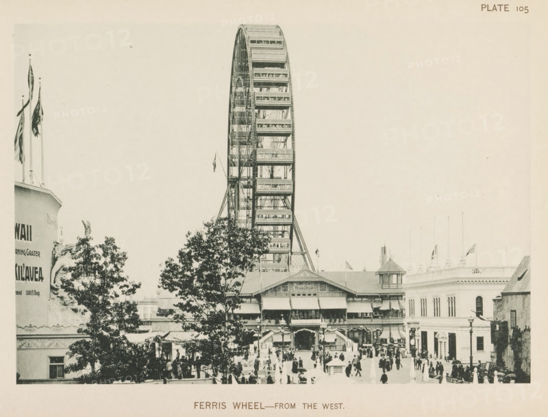 Ferris wheel at the World's Columbian Exposition in Chicago in 1893, Ferris wheel-From the west, page, photomechanical print, number: 'Plate 105', photographer: Charles Dudley Arnold, Chicago, photographer: HD Higinbotham, cliché maker: anonymous, 1893, Charles Dudley Arnold, HD Higinbotham, photographer, cliché maker, North America, Illinois, paper, collotype, light printing, height 133 mm x width 190 mm, world fair, world exhibition, giant wheel, Ferris wheel, World's Columbian Exposition, A large Ferris wheel dominates the center of the image, showing its tall arched structure with multiple enclosed gondolas and visible supporting framework, rising above a row of ornate pavilion buildings with decorative awnings and a small tower; a crowd of people gathers in the foreground, some walking and some standing near stalls and entrances, while trees partially obscure lower sections of the wheel and buildings; flagpoles with flags appear at left and right edges, and classical building faca...