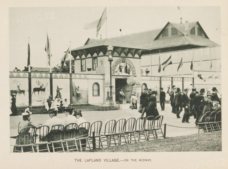 View of the entrance to a replica of a village from Sápmi (Lapland) at the World's Columbian Exposition in Chicago in 1893, The Lapland village-on the Midway, View of the entrance to a replica of a village from Lapland at the World's Columbian Exposition in Chicago in 1893 (former title), page, photomechanical print, number: 'Plate 111', photographer: Charles Dudley Arnold, Chicago, photographer: HD Higinbotham, clichémaker: anonymous, 1893, North America, Illinois, paper, collotype, photogravure, height 131 mm x width 191 mm, Europeans: Sami, world fair, world exhibition, World's Columbian Exposition, A sepia-toned outdoor scene shows a low building with decorative arches along its upper facade and a peaked roof with dormer windows and flagpoles. A tall lamp post stands near the building entrance, which is set into a small pavilion with painted scenes on its walls and a round ornamental feature above the doorway. Panels along a surrounding wall display painted images of reindeer and f...