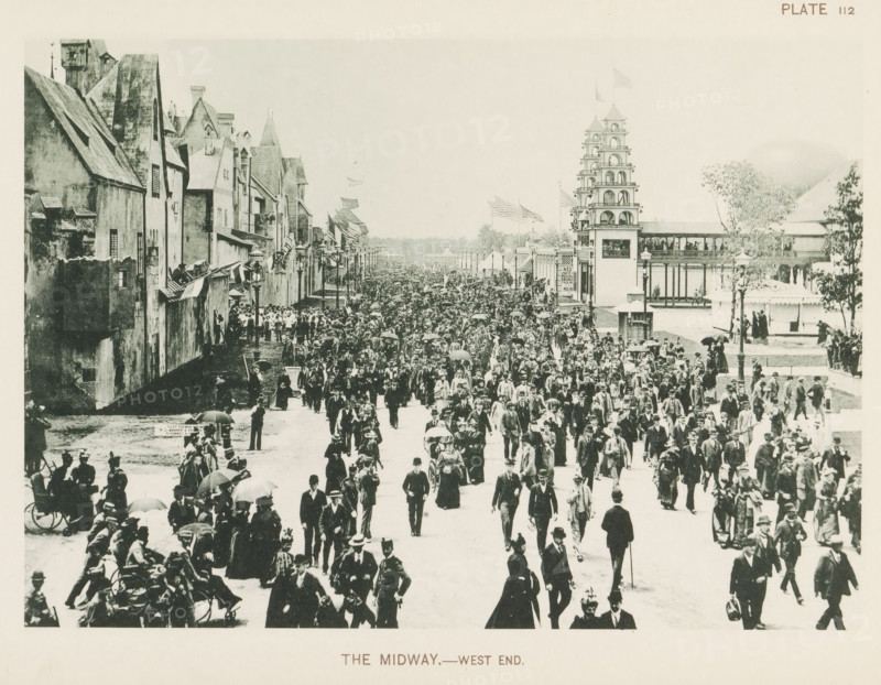 The Midway.- west end, View of a street with country pavilions at the World's Columbian Exposition in Chicago in 1893, page, photomechanical print, number: 'Plate 112', photographer: Charles Dudley Arnold, Chicago, photographer: HD Higinbotham, cliché maker: anonymous, 1893, Charles Dudley Arnold, HD Higinbotham, photographer, cliché maker, North America, Illinois, paper, collotype, photoprint, height 134 mm x width 190 mm, world fair, world exhibition, World's Columbian Exposition, A crowded promenade filled with numerous people walking in various directions, many wearing hats and long coats, some carrying umbrellas, and a few pushing or riding bicycles; on the left a row of tall narrow buildings with steep roofs and windows, and people standing on balconies and leaning from windows; toward the center and back there are flags on poles and a large crowd extending into the distance; on the right a multi-tiered tower structure with open arches and a covered walkway beside it, trees nearb...