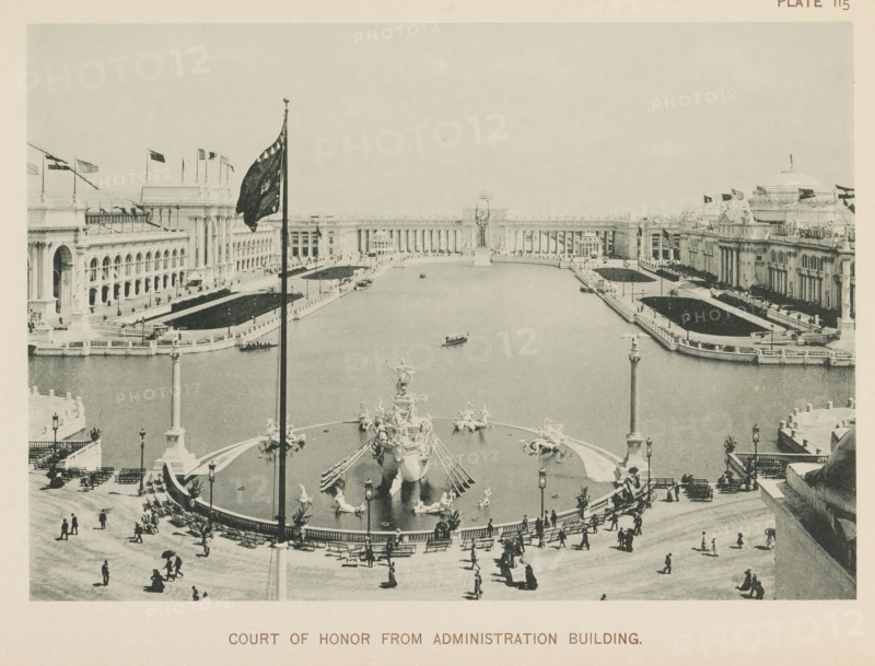 View of the central plaza of the World's Columbian Exposition in Chicago in 1893 with a large pond in the center containing a fountain by Frederick William MacMonnies, Court of Honor from Administration Building, page, photomechanical print, number: 'Plate 115', photographer: Charles Dudley Arnold, Chicago, photographer: HD Higinbotham, clichémaker: anonymous, 1893, Charles Dudley Arnold, HD Higinbotham, photographer, clichémaker, North America, Illinois, paper, collotype, photogravure, height 133 mm x width 190 mm, ornamental fountain, pond, pool, world fair, world exhibition, World's Columbian Exposition, A wide aerial view of a large rectangular basin framed by ornate railings and walkways with a central sculptural fountain featuring figures and horses mounted on platforms, boats floating on the water, a tall flagpole with a dark flag in the foreground, formal buildings with colonnades and arched facades lining both sides of the basin, landscaped lawns beside the walkways, lampposts...