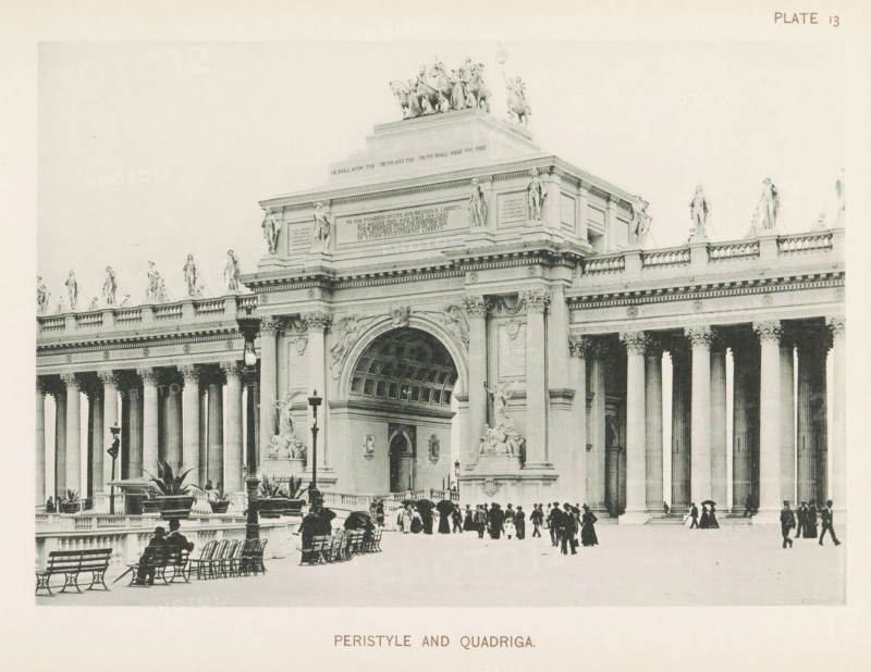 View of the colonnaded entrance arch of the World's Columbian Exposition in Chicago in 1893, Peristyle and quadriga, page, photomechanical print, number: 'Plate 13', photographer: Charles Dudley Arnold, Chicago, photographer: HD Higinbotham, cliché maker: anonymous, 1893, Charles Dudley Arnold, HD Higinbotham, photographer, cliché maker, North America, Illinois, paper, collotype, photoprint, height 133 mm x width 191 mm, colonnade, arch, archivolt, architecture, world fair, world exhibition, quadriga, World's Columbian Exposition, A wide stone façade with tall fluted columns and ornate capitals supports a high entablature topped by sculpted figures and a rectangular central archway with decorative reliefs and a coffered underside; statues and carved ornamentation flank the arch and sit along the balustrade above, including a group of horse-mounted figures on the raised central block; lamp posts, planters with large plants, rows of benches, and groups of people in period clothing occupy...