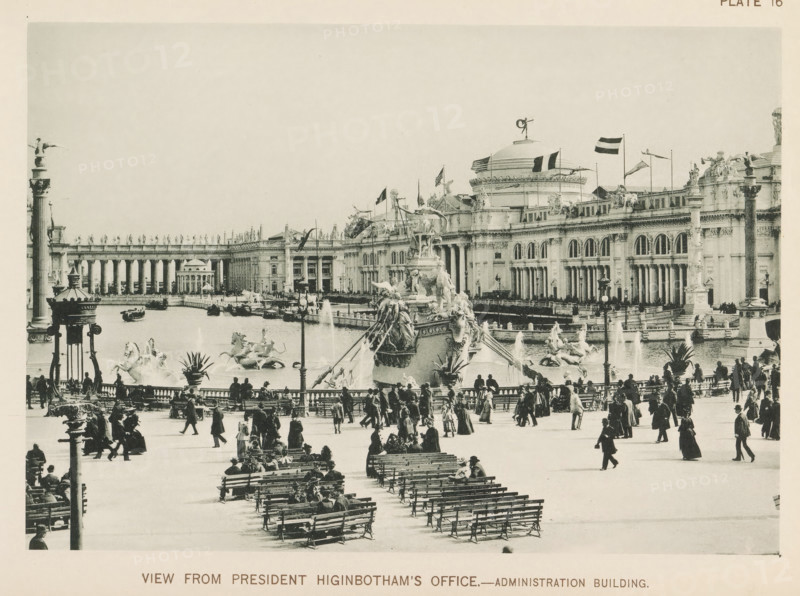 View of the central plaza of the World's Columbian Exposition in Chicago in 1893 with a large pond in the center containing a fountain by Frederick William MacMonnies, View from President Higinbotham's office.- Administration Building, page, photomechanical print, number: 'Plate 16', photographer: Charles Dudley Arnold, Chicago, photographer: HD Higinbotham, clichémaker: anonymous, 1893, North America, Illinois, paper, collotype, photoprint, height 134 mm x width 191 mm, ornamental fountain, pond, pool, world fair, world exhibition, World's Columbian Exposition, A wide plaza with rows of benches and many people walking and sitting fills the foreground, with ornate lamp posts and decorative railings along the edge. Beyond the plaza a large ornamental fountain features sculpted figures and water jets, flanked by pools with additional statues of horses and human forms. Behind the fountain an expansive neoclassical building with arched windows, columns, sculpted reliefs, domed roof structu...
