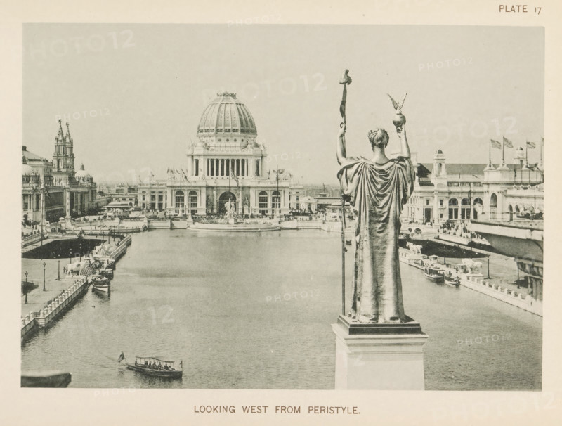 View of the central plaza of the World's Columbian Exposition in Chicago in 1893 with the statue by Daniel Chester French in the foreground, representing a personification of the republic, Looking west from peristyle, page, photomechanical print, number: 'Plate 17', photographer: Charles Dudley Arnold, Chicago, photographer: HD Higinbotham, clichémaker: anonymous, 1893, Charles Dudley Arnold, HD Higinbotham, photographer, clichémaker, North America, Illinois, paper, collotype, photogravure, height 133 mm x width 190 mm, piece of sculpture, reproduction of a piece of sculpture, pond, pool, world fair, world exhibition, World's Columbian Exposition, A sepia-toned panoramic scene shows a large domed building centered in the distance across a broad rectangular water basin, with ornate classical facades, columns, and sculptural details along its front. In the foreground a tall statue of a robed figure is seen from behind standing on a pedestal, holding a staff in one hand and a small orb wi...