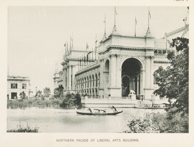 View of the Liberal Arts Building during the World's Columbian Exposition in Chicago in 1893, Northern facade of Liberal Arts Building, page, photomechanical print, number: 'Plate 2', photographer: Charles Dudley Arnold, Chicago, photographer: HD Higinbotham, clichémaker: anonymous, 1893, Charles Dudley Arnold, HD Higinbotham, photographer, clichémaker, North America, Illinois, paper, collotype, photogravure, height 134 mm x width 192 mm, world fair, world exhibition, World's Columbian Exposition, A large classical building with ornate columns and archways stands by a body of water, flags flying from poles on its roof and decorative sculptures on its cornices, a large arched entrance flanked by columns and a sculpted animal figure on a pedestal near the entrance; trees and shrubbery line the water’s edge and partially obscure parts of the building, a long rowboat with people is on the water in front of the facade, and a smaller building with arched windows is visible to the left.