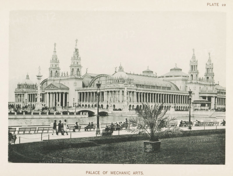 View of the machine building at the World's Columbian Exposition in Chicago in 1893, Palace of Mechanic Arts, page, photomechanical print, number: 'Plate 22', photographer: Charles Dudley Arnold, Chicago, photographer: HD Higinbotham, cliché maker: anonymous, 1893, Charles Dudley Arnold, HD Higinbotham, photographer, cliché maker, North America, Illinois, paper, collotype, photoprint, height 134 mm x width 190 mm, world fair, world exhibition, World's Columbian Exposition, A wide neoclassical building with a long colonnade and multiple domes and towers stands along a waterfront, featuring ornate statues atop the towers and decorative architectural details on facades; a bridge with decorative lamp posts spans the water in front of the building, and people are visible walking and sitting on benches along a promenade; in the foreground there is a grassy area with a potted palm plant and a row of benches, and the overall scene is presented in a monochrome, vintage photographic style.