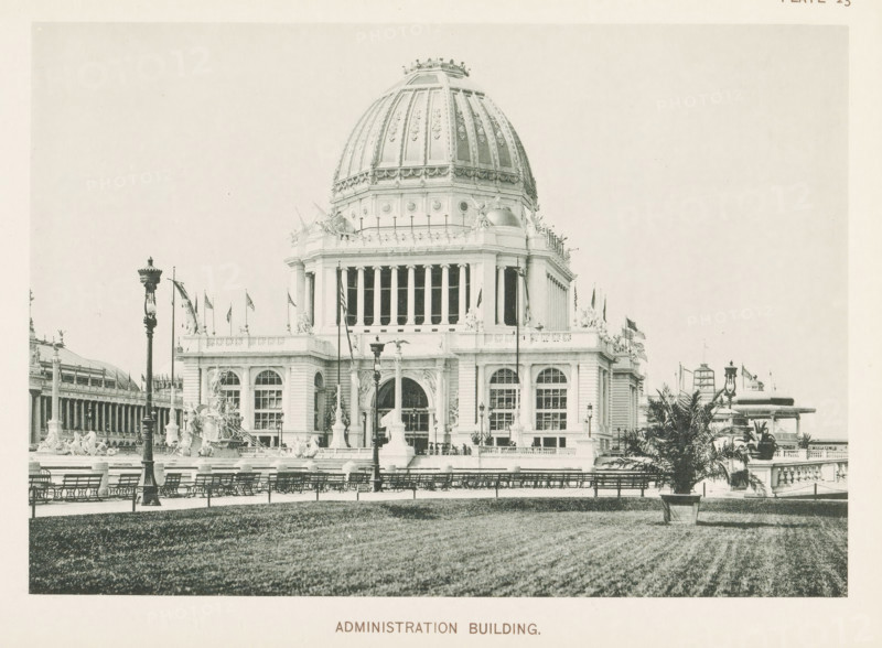 Administration Building, View of the administration building, designed by Richard Morris Hunt at the World's Columbian Exposition in Chicago in 1893, page, photomechanical print, number: 'Plate 23', photographer: Charles Dudley Arnold, Chicago, photographer: HD Higinbotham, cliché maker: anonymous, 1893, Charles Dudley Arnold, HD Higinbotham, photographer, cliché maker, North America, Illinois, paper, collotype, photoprint, height 133 mm x width 190 mm, world fair, world exhibition, World's Columbian Exposition, A large neoclassical building with a prominent domed roof, ornate sculptures, and decorative friezes sits behind a balustrade and a row of benches; tall columns and arched windows mark the facade, flanked by flagpoles and ornamental lamp posts, while fountains and sculpted figures occupy the area in front and manicured grass and potted palms appear in the foreground.