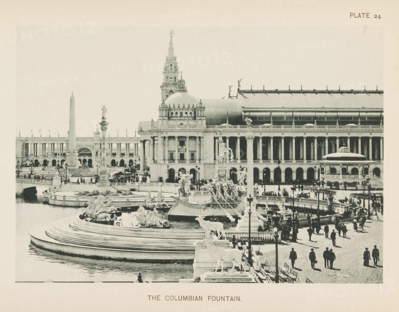 The Columbian Fountain, View of the Columbian Fountain by Frederick William MacMonnies at the World's Columbian Exposition in Chicago in 1893, page, photomechanical print, number: 'Plate 24', photographer: Charles Dudley Arnold, Chicago, photographer: HD Higinbotham, cliché maker: anonymous, 1893, Charles Dudley Arnold, HD Higinbotham, photographer, cliché maker, North America, Illinois, paper, collotype, photoprint, height 133 mm x width 191 mm, ornamental fountain, world fair, world exhibition, World's Columbian Exposition, A wide plaza with a large ornate fountain in the foreground featuring multiple sculpted figures and tiered curved steps leading into water, a number of people walking and standing along the plaza and near the fountain, decorative lamp posts and balustrades lining the walkways, a tall column and other sculpted monuments rising behind the fountain, an elaborate classical building with columns, arches, statues, and a domed and towered central structure occupying the ...