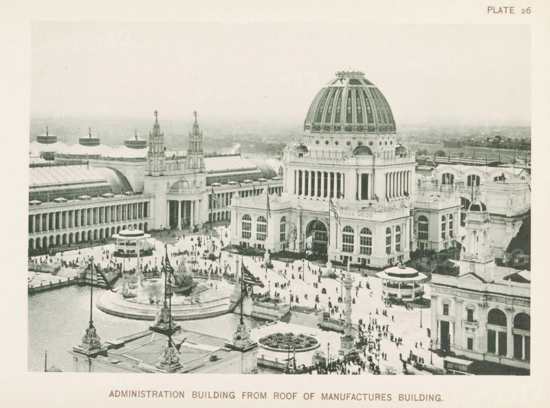 View of the Administration Building, designed by Richard Morris Hunt at the World's Columbian Exposition in Chicago in 1893, Administration Building from roof of Manufactures Building, page, photomechanical print, number: 'Plate 26', photographer: Charles Dudley Arnold, Chicago, photographer: HD Higinbotham, cliché maker: anonymous, 1893, Charles Dudley Arnold, HD Higinbotham, photographer, cliché maker, North America, Illinois, paper, collotype, photoprint, height 133 mm x width 191 mm, world fair, world exhibition, World's Columbian Exposition, A large classical building with a prominent domed roof and columned facade sits beside long colonnaded wings and ornate towers, surrounded by a paved plaza with many small human figures walking and standing; decorative fountains and flagpoles occupy the open area, and smaller pavilions and curved roof structures are visible along the plaza edges, while distant low buildings and a hazy skyline fill the background.
