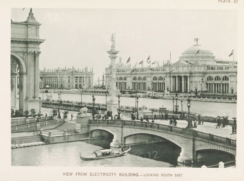 View from Electricity Building.- Looking south east, View of the agricultural building, designed by Charles McKim at the World's Columbian Exposition in Chicago in 1893, page, photomechanical print, number: 'Plate 27', photographer: Charles Dudley Arnold, Chicago, photographer: HD Higinbotham, cliché maker: anonymous, 1893, Charles Dudley Arnold, HD Higinbotham, photographer, cliché maker, North America, Illinois, paper, collotype, photoprint, height 133 mm x width 190 mm, rowing-boat, canoe, pond, pool, world fair, world exhibition, World's Columbian Exposition, A wide, sepia-toned scene of a waterfront with a large arched bridge in the foreground and an ornate building with columns and a domed roof across the water, numerous flagpoles along the roofline, decorative lampposts and statues on the bridge and along the waterfront, a tall column topped by a statue rising near the center, a gondola-like boat with people being rowed under the bridge, multiple pedestrians walking along balust...