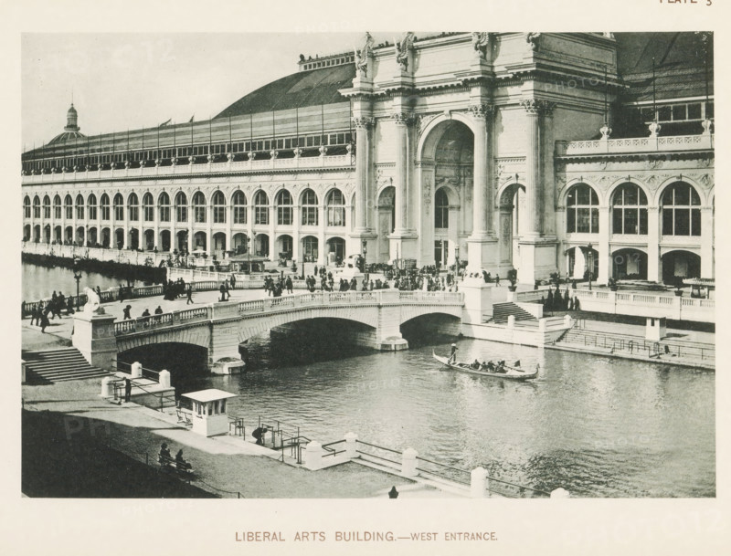 Liberal Arts Building.- West entrance, View of the entrance to the Liberal Arts Building during the World's Columbian Exposition in Chicago in 1893, page, photomechanical print, number: 'Plate 3', photographer: Charles Dudley Arnold, Chicago, photographer: HD Higinbotham, cliché maker: anonymous, 1893, Charles Dudley Arnold, HD Higinbotham, photographer, cliché maker, North America, Illinois, paper, collotype, photogravure, height 128 mm x width 191 mm, gate, entrance, world fair, world exhibition, World's Columbian Exposition, A large stone building with rows of tall arched windows and ornate columns rises beside a waterway, its facade featuring decorative sculptures and a grand arched entrance flanked by fluted pillars; a balustraded bridge with stone railings spans the water in front of the building, and people walk along the bridge and the riverside promenade while small boats occupy the water, one carrying passengers with an oarsman standing at the stern.