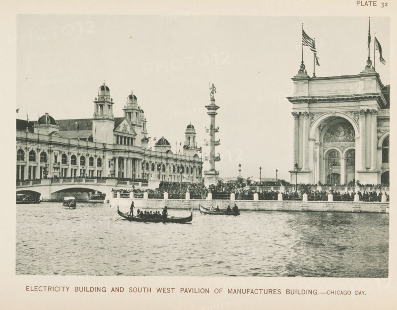 Electricity Building and south west pavilion of Manufactures Building.- Chicago day, View of the electricity building and the pond with boats during the World's Columbian Exposition in Chicago in 1893, page, photomechanical print, number: 'Plate 32', photographer: Charles Dudley Arnold, Chicago, photographer: HD Higinbotham, clichémaker: anonymous, 1893, Charles Dudley Arnold, HD Higinbotham, photographer, clichémaker, North America, Illinois, paper, collotype, photoprint, height 133 mm x width 190 mm, rowing-boat, canoe, pond, pool, world fair, world exhibition, World's Columbian Exposition, A waterfront scene showing a large classical building complex with arched windows, domed towers, ornate columns, and decorative carvings, a tall column topped by a statue rising near the center, a broad archway entrance with sculpted relief above it to the right, flagpoles with flags flying atop parts of the buildings, a crowded promenade with many people along a balustrade, several small boats an...