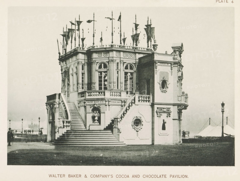 Walter Baker & Company cocoa and chocolate pavilion, Pavilion with cocoa and chocolate by Walter Baker & Company at the World's Columbian Exposition in Chicago in 1893, page, photomechanical print, number: 'Plate 4', photographer: Charles Dudley Arnold, Chicago, photographer: HD Higinbotham, cliché maker: anonymous, 1893, Charles Dudley Arnold, HD Higinbotham, photographer, cliché maker, North America, Illinois, paper, collotype, photoprint, height 134 mm x width 191 mm, world fair, world exhibition, World's Columbian Exposition, A large ornate pavilion with arched windows and decorative moldings sits on a raised platform reached by broad curved staircases on either side, topped by a balustraded terrace adorned with spherical finials and tall flag-topped poles; sculpted urns and carved reliefs embellish the façade, while round and oval framed windows and elaborate columns add detail; flags and pennants fly from slender poles above the roofline; a lamppost and a tented structure appear ...
