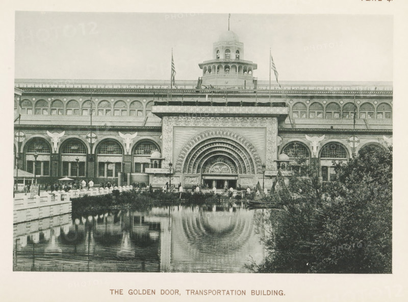 View of the transportation building with the golden door at the World's Columbian Exposition in Chicago in 1893, The Golden Door, Transportation Building, page, photomechanical print, number: 'Plate 41', photographer: Charles Dudley Arnold, Chicago, photographer: HD Higinbotham, cliché maker: anonymous, 1893, Charles Dudley Arnold, HD Higinbotham, photographer, cliché maker, North America, Illinois, paper, collotype, photoprint, height 131 mm x width 191 mm, gate, entrance, world fair, world exhibition, World's Columbian Exposition, A large ornate building facade fills the image with a central arched entrance composed of concentric decorative arches and detailed relief work, flanked by arcade openings with rounded tops and decorative keystones. Above the entrance sits a broad cornice and a multi-level tower topped by a domed cupola, with flagpoles and flags visible along the roofline. A reflecting pool in the foreground mirrors the building and arches, with a small boat moored at the w...