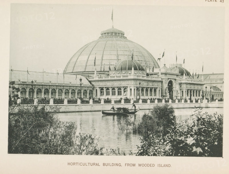 Horticultural Building, from Wooded Island, View of the horticultural building, designed by Jenney and Mundie at the World's Columbian Exposition in Chicago in 1893, page, photomechanical print, number: 'Plate 43', photographer: Charles Dudley Arnold, Chicago, photographer: HD Higinbotham, clichémaker: anonymous, 1893, Charles Dudley Arnold, HD Higinbotham, photographer, clichémaker, North America, Illinois, paper, collotype, photogravure, height 134 mm x width 190 mm, world fair, world exhibition, World's Columbian Exposition, A large domed building with ornate architectural details sits behind a balustrade along a body of water, with a smaller domed pavilion and arched colonnades extending horizontally; a narrow boat with several people and an oarsman is on the water in the foreground, while vegetation and bushes frame the near shoreline and reflections appear on the water surface.