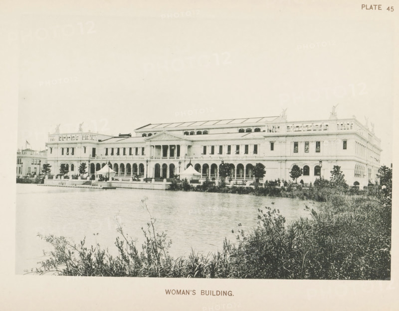 Woman's Building, View of the Women's Building, designed by Sophia Hayden at the World's Columbian Exposition in Chicago in 1893, page, photomechanical print, number: 'Plate 45', photographer: Charles Dudley Arnold, Chicago, photographer: HD Higinbotham, clichémaker: anonymous, 1893, Charles Dudley Arnold, HD Higinbotham, photographer, clichémaker, North America, Illinois, paper, collotype, photogravure, height 132 mm x width 191 mm, world fair, world exhibition, World's Columbian Exposition, A wide pale building with classical architectural features sits behind a body of water, showing a long façade with columns, arched openings on the ground level, rectangular windows on the upper level, decorative sculptures along the roofline, and a central pediment above a columned entrance; small tents and lamp posts stand on a terrace in front of the building, trees and shrubs line the waterfront, and foreground vegetation frames the lower edge of the image.