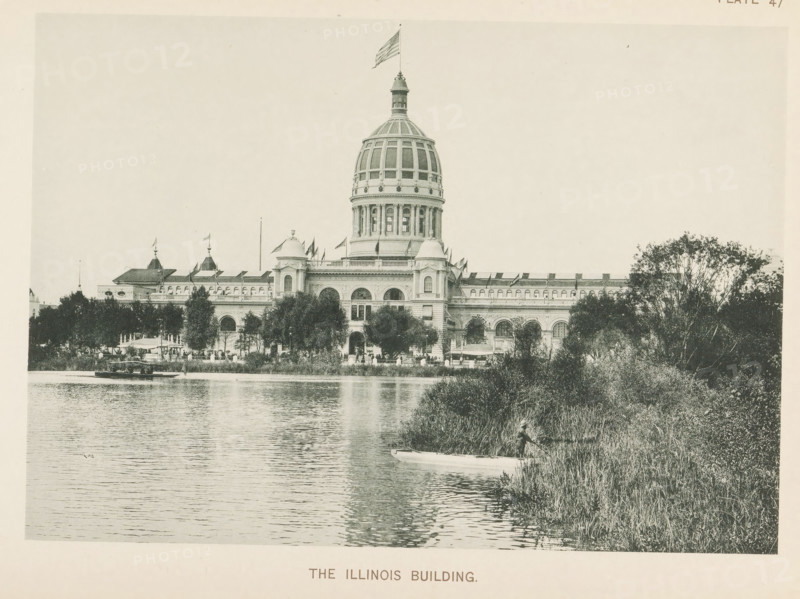 View of the Illinois Building at the World's Columbian Exposition in Chicago in 1893, The Illinois Building, page, photomechanical print, number: 'Plate 47', photographer: Charles Dudley Arnold, Chicago, photographer: HD Higinbotham, cliché maker: anonymous, 1893, Charles Dudley Arnold, HD Higinbotham, photographer, cliché maker, North America, Illinois, paper, collotype, photoprint, height 134 mm x width 190 mm, world fair, world exhibition, World's Columbian Exposition, A wide view of a large classical building with a prominent domed tower topped by a flag, a long facade with arched windows and decorative rooflines, and smaller towers and domes along its roofline; trees and shrubs line the front of the building, with a body of water in the foreground reflecting the structure; a small boat is on the water and a person stands near the grassy edge on the right, with taller vegetation and trees framing the right side.