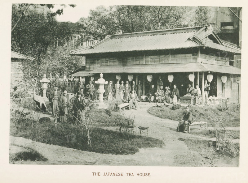 Japanese tea house at the World's Columbian Exposition in Chicago in 1893, The Japanese Tea House, page, photomechanical print, number: 'Plate 50', photographer: Charles Dudley Arnold, Chicago, photographer: HD Higinbotham, cliché maker: anonymous, 1893, Charles Dudley Arnold, HD Higinbotham, photographer, cliché maker, North America, Illinois, paper, collotype, light printing, height 133 mm x width 190 mm, tea garden, garden restaurant, world fair, world exhibition, World's Columbian Exposition, A black and white photograph of a traditional two-story wooden building with a tiled sloping roof and a covered veranda lined with hanging lanterns, set behind a garden with paths, low shrubs, stone lanterns, and decorative crane sculptures; people in period clothing are seated and standing around the veranda and garden, some on benches and stools, others near the stone lanterns and plants; trees and taller foliage rise behind and to the side of the building, and small garden fences and arbors...