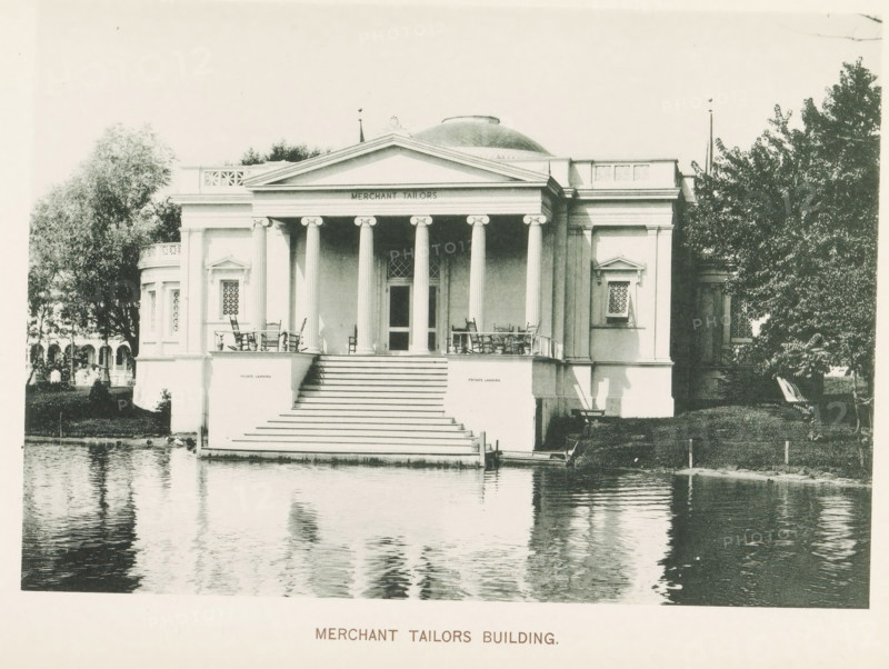 View of the Merchant Taylors' Company pavilion at the World's Columbian Exposition in Chicago in 1893, Merchant Tailors Building, page, photomechanical print, number: 'Plate 58', photographer: Charles Dudley Arnold, Chicago, photographer: HD Higinbotham, cliché maker: anonymous, 1893, North America, Illinois, paper, collotype, photoprint, height 133 mm x width 191 mm, world fair, world exhibition, World's Columbian Exposition, A neoclassical building with a domed roof sits at the water’s edge, featuring a wide flight of steps down to the water, a columned portico with tall fluted columns, and a triangular pediment above the entrance; porches on either side of the steps hold wooden chairs and small tables, latticed windows and decorative moldings flank the central facade, and trees and shrubs frame the building on both sides while the water in front reflects the building’s facade.