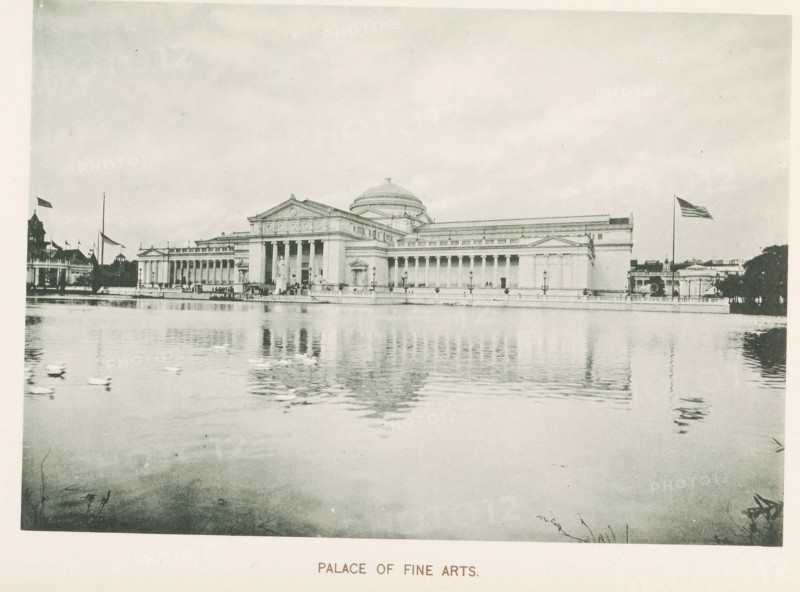Palace of Fine Arts, View of the Palace of Fine Arts at the World's Columbian Exposition in Chicago in 1893, page, photomechanical print, number: 'Plate 59', photographer: Charles Dudley Arnold, Chicago, photographer: HD Higinbotham, cliché maker: anonymous, 1893, Charles Dudley Arnold, HD Higinbotham, photographer, cliché maker, North America, Illinois, paper, collotype, photoprint, height 133 mm x width 191 mm, permanent exhibition, museum, world fair, world exhibition, World's Columbian Exposition, A wide neoclassical building with a central pedimented portico supported by tall columns and a large domed roof behind it sits along a waterfront, its facade reflected in the calm water in the foreground; flags fly on poles near the building, lamps line the terrace, small figures are visible on the steps and promenade, and birds float on the water near the near shore.