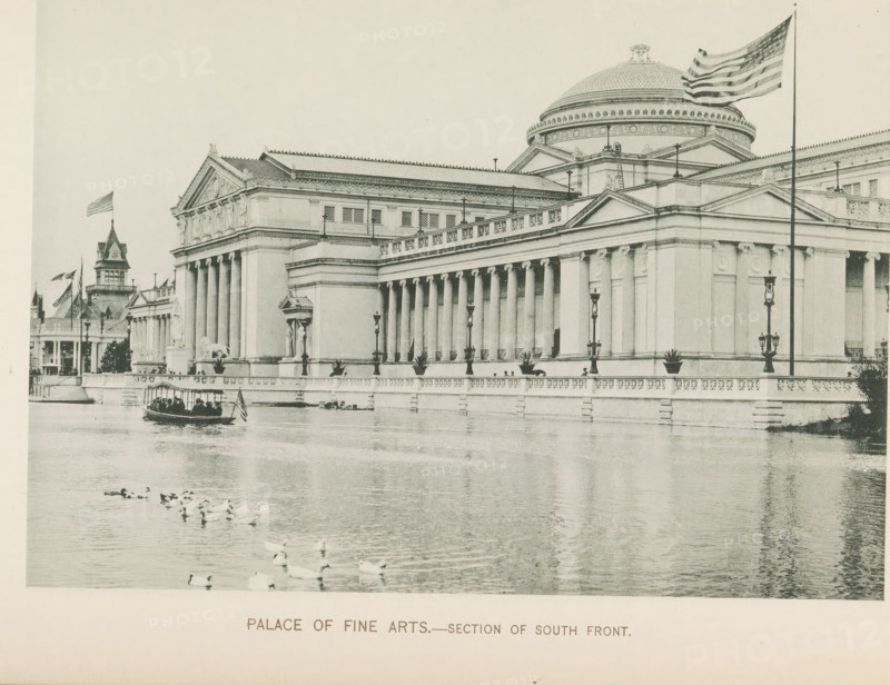 Palace of Fine Arts, View of the Palace of Fine Arts at the World's Columbian Exposition in Chicago in 1893, page, photomechanical print, number: 'Plate 60', photographer: Charles Dudley Arnold, Chicago, photographer: HD Higinbotham, cliché maker: anonymous, 1893, Charles Dudley Arnold, HD Higinbotham, photographer, cliché maker, North America, Illinois, paper, collotype, photoprint, height 133 mm x width 191 mm, permanent exhibition, museum, world fair, world exhibition, World's Columbian Exposition, A wide stone building with classical columns and a large domed roof sits beside a body of water, with ornate balustrades and decorative lamps along the waterfront; a small covered boat carrying several people is on the water near the building, and a group of birds floats on the water closer to the foreground; a tall flagpole with a waving flag rises beside the building, and additional smaller architectural details and rooftop elements are visible along the structure.