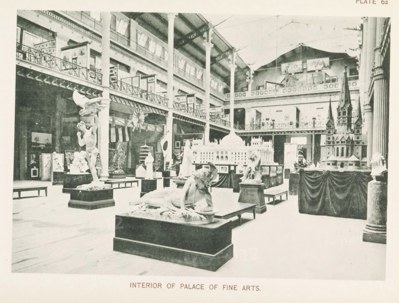 Interior of a room with sculptures and models of buildings in the Palace of Fine Arts at the World's Columbian Exposition in Chicago in 1893, Interior of Palace of Fine Arts, page, photomechanical print, number: 'Plate 62', photographer: Charles Dudley Arnold, Chicago, photographer: HD Higinbotham, cliché maker: anonymous, 1893, Charles Dudley Arnold, HD Higinbotham, photographer, cliché maker, North America, Illinois, paper, collotype, photoprint, height 134 mm x width 190 mm, piece of sculpture, reproduction of a piece of sculpture, permanent exhibition, museum, world fair, world exhibition, World's Columbian Exposition, Palace of Fine Arts, A large indoor space with tall columns and a high ceiling displays numerous sculptures, architectural models, and framed artworks arranged on pedestals and platforms; a reclining nude figure occupies a central pedestal while a standing muscular statue with an outstretched arm and an eagle figure sits nearby; a detailed model of a domed building a...