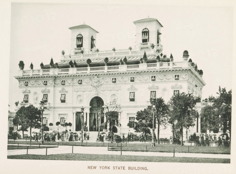 New York State Building, Pavilion of the State of New York during the World's Columbian Exposition in Chicago in 1893, page, photomechanical print, number: 'Plate 65', photographer: Charles Dudley Arnold, Chicago, photographer: HD Higinbotham, cliché maker: anonymous, 1893, Charles Dudley Arnold, HD Higinbotham, photographer, cliché maker, North America, Illinois, paper, collotype, photoprint, height 134 mm x width 191 mm, world fair, world exhibition, World's Columbian Exposition, A large ornate building with a pale facade and decorative stonework features two square towers with striped awnings and balustraded terraces topped with potted plants and sculpted greenery; rows of windows with striped awnings line the upper and lower levels, and a grand arched central entrance is flanked by columns and ornamental reliefs. In front of the building a landscaped lawn and pathways are visible, with trees, lampposts, and clusters of people gathered near the entrance and along the walkways, some ...