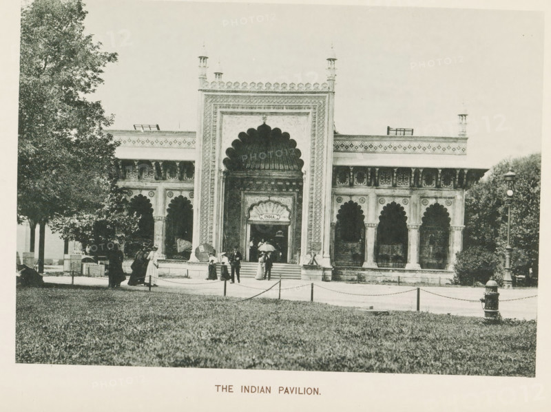 The Indian Pavilion, Pavilion of India at the World's Columbian Exposition in Chicago in 1893, page, photomechanical print, number: 'Plate 81', photographer: Charles Dudley Arnold, Chicago, photographer: HD Higinbotham, cliché maker: anonymous, 1893, Charles Dudley Arnold, HD Higinbotham, photographer, cliché maker, North America, Illinois, paper, collotype, photoprint, height 133 mm x width 189 mm, world fair, world exhibition, World's Columbian Exposition, A wide facade of an ornate building with a large central arched entrance flanked by smaller scalloped arches and decorative columns, a patterned frieze running along the top, and slender tower-like finials rising above the roofline; groups of people stand on the steps and near the entrance, some holding parasols and wearing period clothing; trees frame the building on both sides and a grassy lawn with a low rope barrier occupies the foreground, while a lamppost and a fire hydrant appear near the right edge.
