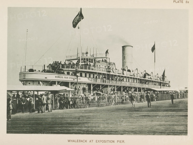 Steamship at a pier at the World's Columbian Exposition in Chicago in 1893, Whaleback at exposition pier, page, photomechanical print, number: 'Plate 82', photographer: Charles Dudley Arnold, Chicago, photographer: HD Higinbotham, cliché maker: anonymous, 1893, Charles Dudley Arnold, HD Higinbotham, photographer, cliché maker, North America, Illinois, paper, collotype, light printing, height 133 mm x width 190 mm, ships (in general), pier, quay, wharf, world fair, world exhibition, World's Columbian Exposition, A large multi-deck steamship is docked alongside a wooden pier with many people standing on the decks and on the pier; the ship has a tall funnel, railings, lifeboats, a central mast with a large flag, and crowded upper and lower promenades; on the pier there are tents or awnings, rows of chairs, lamp posts, and a dense crowd of men and women, some holding umbrellas, while a few figures walk on the open boardwalk in front of the ship.