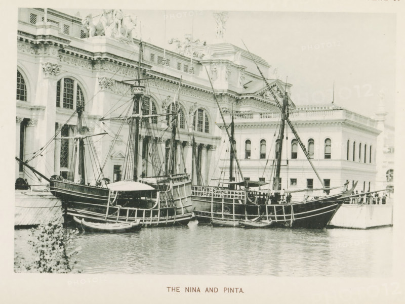 Replicas of the Niña and the Pinta, sailing ships of Christopher Columbus, at the World's Columbian Exposition in Chicago in 1893, The Nina and Pinta, page, photomechanical print, number: 'Plate 86', photographer: Charles Dudley Arnold, Chicago, photographer: HD Higinbotham, clichémaker: anonymous, 1893, Charles Dudley Arnold, HD Higinbotham, photographer, clichémaker, North America, Illinois, paper, collotype, photoprint, height 133 mm x width 191 mm, ships (in general), world fair, world exhibition, World's Columbian Exposition, Two wooden sailing ships with tall masts and rigging float side by side at a waterfront in front of a large ornate stone building with arched windows and decorative columns. The ships have high sterns, visible hull planking, small rowboats alongside, and spars extending upward with ropes and crossbeams. The building behind them features carved cornices, sculptural details on the roofline, multiple arched windows with gridded panes, and a balustrade along an u...
