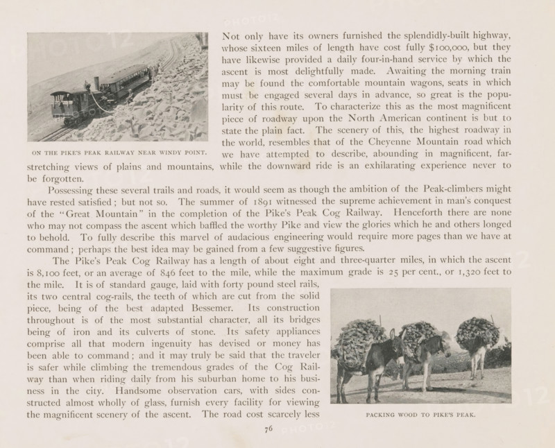 Packing wood to Pike's Peak, Three pack mules loaded with wood, page, photomechanical print, Colorado, cliché maker: New York Photo-Gravure Company, New York (city), c. 1888 - in or before 1893, New York Photo-Gravure Company, photographer, cliché maker, North America, paper, autotypie, height 48 mm x width 75 mm, ass, donkey, mule, El Paso (Colorado), Pikes Peak (El Paso), A sepia-toned page shows a small rectangular photograph of a train climbing a rocky slope with a locomotive and a passenger car on narrow-gauge tracks and scattered boulders beside the rail, and below and to the right of the photograph there is a larger rectangular image of two pack animals loaded with large bundled loads standing on a flat area; the remainder of the page is filled with columns of printed text.