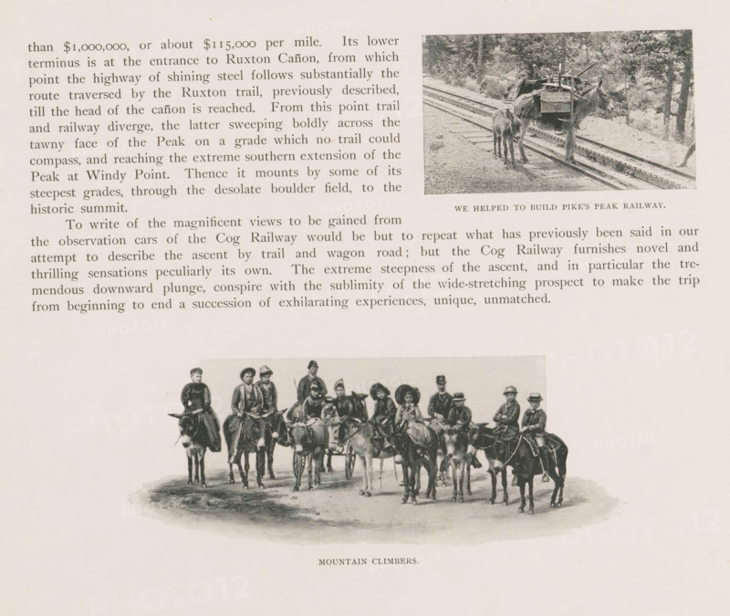 We helped to build Pike's Peak railway, Two donkeys, one loaded with tools, page, photomechanical print, Colorado, cliché maker: New York Photo-Gravure Company, New York (city), c. 1888 - in or before 1893, New York Photo-Gravure Company, photographer, cliché maker, North America, paper, autotypie, height 48 mm x width 82 mm, ass, donkey, mule, El Paso (Colorado), Pikes Peak (El Paso), A printed page showing an illustration of a group of people seated on and standing beside horses and mules arranged in a loose line across a dirt foreground, the riders wearing hats and varied clothing and some animals carrying packs, above the illustration a block of dense printed text fills the left margin while to the right a small rectangular photograph depicts two pack animals beside a set of rails in a wooded area, and the page has a wide blank margin around the images and text.