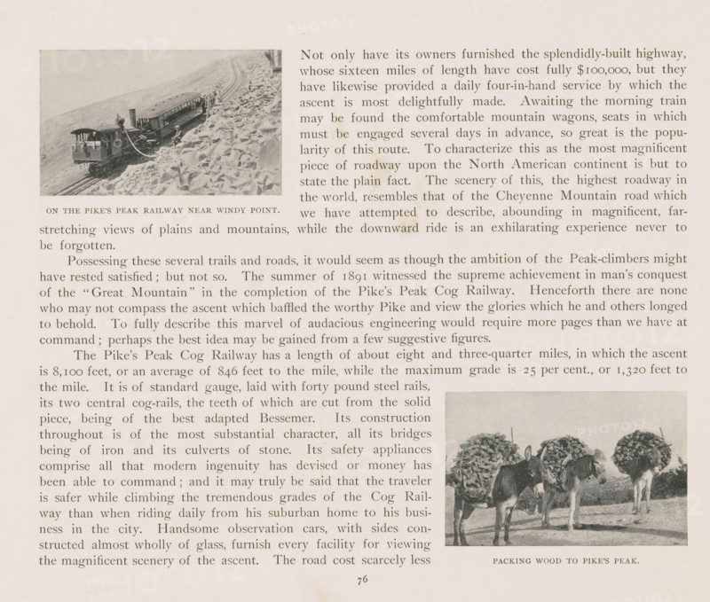 We helped to build Pike's Peak railway, View of a company riding on donkeys, page, photomechanical print, Colorado, cliché maker: New York Photo-Gravure Company, New York (city), c. 1888 - in or before 1893, New York Photo-Gravure Company, photographer, cliché maker, North America, paper, autotypie, height 57 mm x width 151 mm, ass, donkey, mule, anonymous historical persons depicted in a group, in a group-portrait, A sepia-toned page showing a rectangular photograph of a small train climbing a rocky slope with open-sided cars and a track running diagonally, surrounded by rough stones, and a smaller rectangular photo at the lower right showing two animals standing side by side with large loads on their backs; the rest of the page is filled with dense printed text in narrow columns and a small centered page number at the bottom.