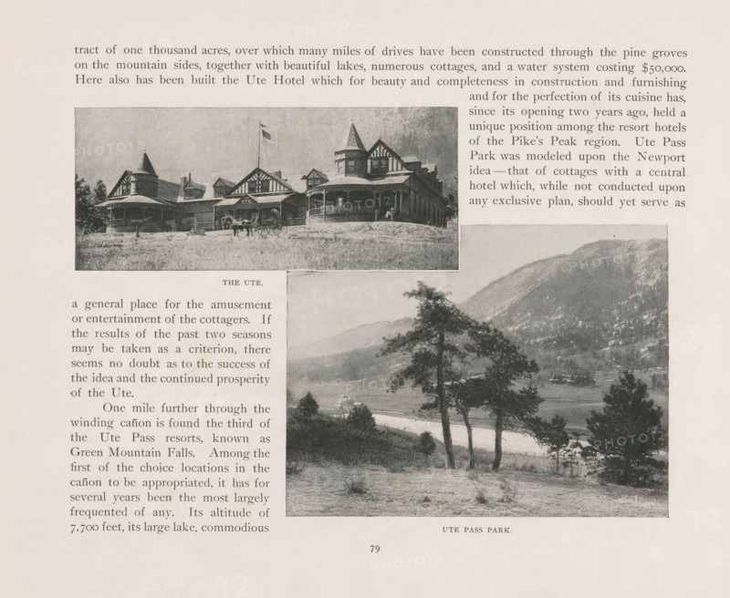 The Ramona, Cascade Cañon, View of the Ramona Hotel at Cascade, page, photomechanical print, Cascade, cliché maker: New York Photo-Gravure Company, New York (city), c. 1888 - in or before 1893, photographer, North America, Colorado, El Paso (Colorado), paper, autotypie, height 100 mm x width 126 mm, waterfall, A page from an old book showing two black and white photographs and surrounding printed text, the upper photograph depicting a large Victorian-style building with turrets and wraparound porches, a flag on a pole and a horse-drawn carriage on a grassy area in front, the lower photograph showing a valley scene with trees in the foreground, a river or lake, and mountains rising in the background.