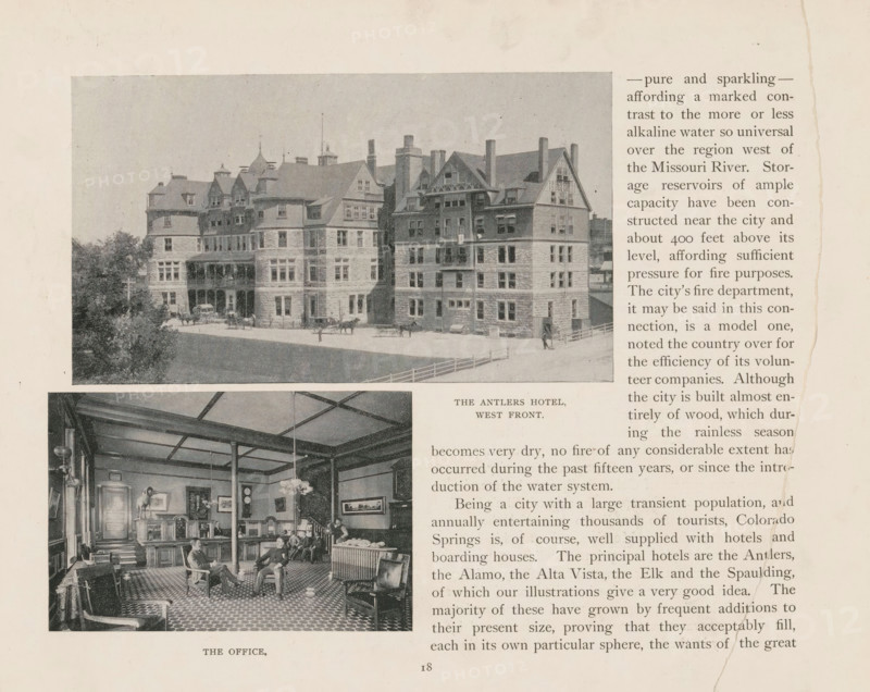 View of the Antlers Hotel in Colorado Springs, The Antlers Hotel, West front, page, photomechanical print, Colorado Springs, cliché maker: New York Photo-Gravure Company, New York (city), c. 1888 - in or before 1893, photographer, North America, Colorado, paper, autotypie, height 87 mm x width 151 mm, hotel, hostelry, inn, façade (of house or building), A page showing two black and white photographs and surrounding printed columns, the upper photograph depicting a large multi-story stone building with many windows, pitched roofs, chimneys, and a covered entrance with carriages and figures on the street in front, framed by trees at one side, and the lower photograph showing an interior room with patterned flooring, furnished with chairs, tables, lamps, framed pictures, and several people seated and standing, all rendered in a vintage photographic style, with visible paper aging and a vertical crease near the right edge.