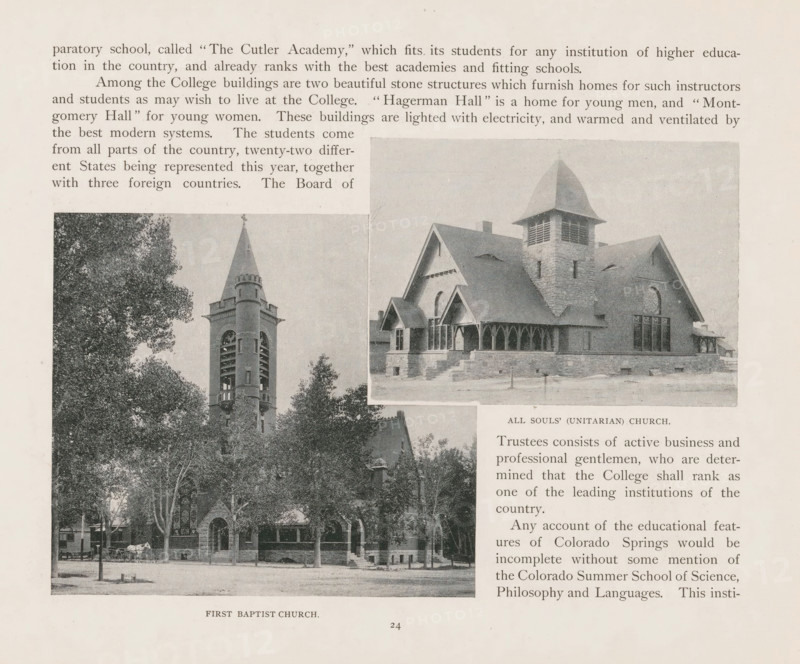 Photomontage of two churches in Colorado Springs, All Souls's (Unitarian) Church, First Baptist Church, page, photomechanical print, photomontage, Colorado Springs, cliché maker: New York Photo-Gravure Company, New York (city), c. 1888 - in or before 1893, New York Photo-Gravure Company, photographer, cliché maker, North America, Colorado, paper, autotypie, height 135 mm x width 201 mm, church (exterior), A sepia-toned page showing three photographic images of church buildings and surrounding trees, with printed paragraphs of text above and beside the photos. The top right photograph depicts a stone church with a steep roof, a square tower topped by a pyramidal roof, arched windows, and a covered porch with decorative supports. The left photograph shows a tall bell tower with narrow openings and a pointed spire, partially obscured by leafy trees. The lower left photograph presents a street view of a church façade with a central arched entrance, tall windows, mature trees lining the sid...