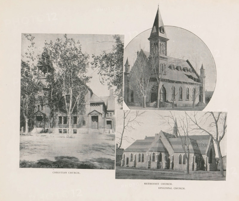 Christian Church, Methodist Church, Episcopal Church, Photomontage of three churches in Colorado Springs, page, photomechanical print, photomontage, Colorado Springs, cliché maker: New York Photo-Gravure Company, New York (city), c. 1888 - in or before 1893, photographer, North America, Colorado, paper, autotypie, height 179 mm x width 211 mm, church (exterior), A faded black and white printed page shows three photographic images of church buildings arranged in a collage style with a large empty margin around them; the top right image is a circular-framed view of a tall steepled church with pointed arched windows and bare trees in front, the left image shows a multi-story building partially obscured by leafy trees with visible stair entrances and windows, and the lower right image displays a stone church with pitched roofs, buttressed walls, arched windows, and leafless trees casting shadows on the facade.