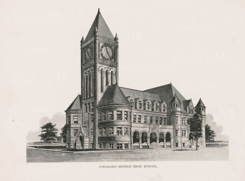 Photomontage of four public schools in Colorado Springs, Colorado Springs public schools, page, photomechanical print, photomontage, inscription: 'The Lincoln, The Liller, The Garfield, The Lowell', Colorado Springs, cliché maker: New York Photo-Gravure Company, New York (city), c. 1888 - in or before 1893, photographer, North America, Colorado, paper, autotypie, height 165 mm x width 216 mm, elementary school, class, form, façade (of house or building), A detailed grayscale illustration of a large stone building with a tall clock tower topped by a steep pyramidal roof and four small pinnacles, multiple arched windows, rounded turrets with conical roofs, a row of gabled dormer windows along a sloped roof, an ornate arched entrance with steps, and trees flanking the structure, all set against a pale background.